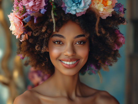 girl model with large fabric flowers blooming from her shoulders.の素材