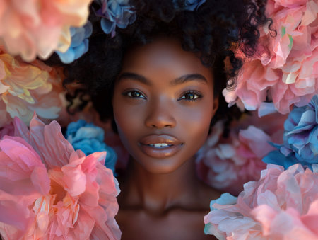girl model with large fabric flowers blooming from her shoulders.の素材