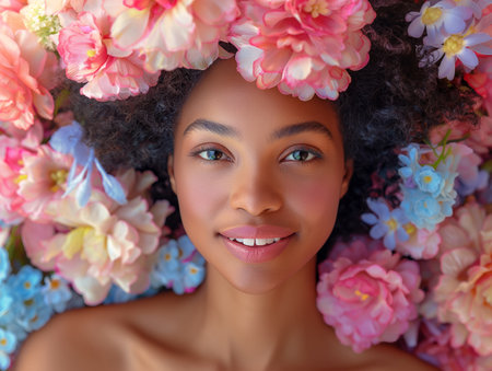 girl model with large fabric flowers blooming from her shoulders.の素材