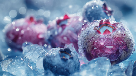 Frozen blueberries with water drops. 3d rendering toned image.の素材