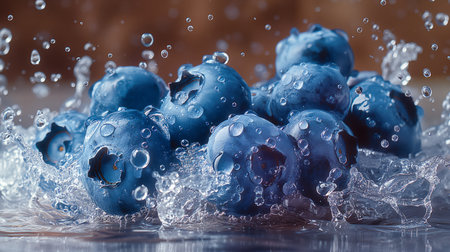 Frozen blueberries with water drops. 3d rendering toned image.の素材