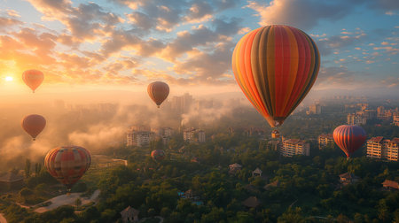 Hot air balloons flying over the city.の素材