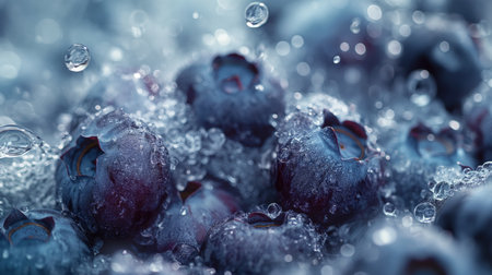 Frozen blueberries with water drops. 3d rendering toned image.の素材