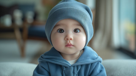 Cute little baby girl in a blue knitted hat and scarf.の素材