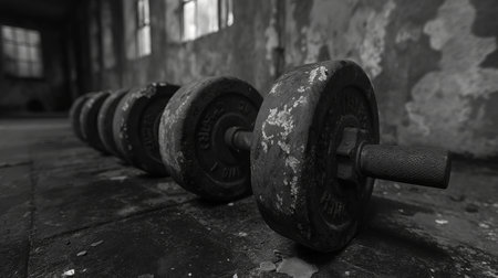 Dumbbells in abandoned gym. Black and white photo.の素材