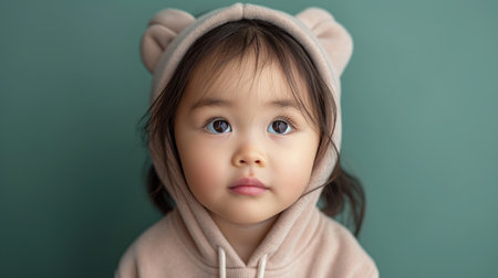 Close up of cute Asian baby girl wearing a pink knitted scarf.の素材