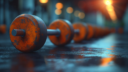 Dumbbells in abandoned gym. Black and white photo.の素材