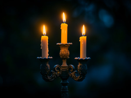 candles in Victorian candelabra on dark background.の素材