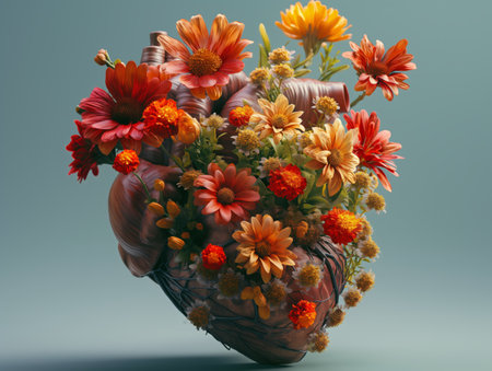 Anatomic watercolor heart with big flowers.の素材