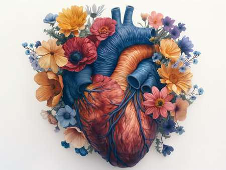 Anatomic watercolor heart with big flowers.の素材