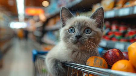 Siamese cat in shopping cart in the supermarket.の素材