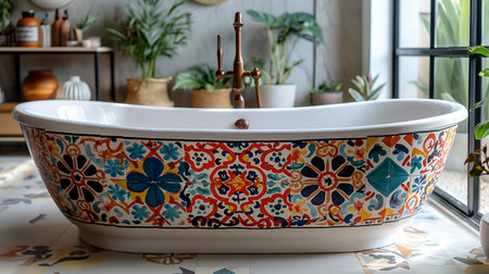 Moroccan-style bath with colorful painting in a light white bathtub.の素材