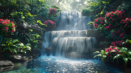 majestic waterfall cascading into a hidden garden.の素材