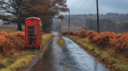 red british phone box on the village road.の素材