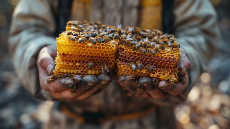 man dressed in a beekeeper's suit holds large honeycombs filled with honey in his hands.の素材