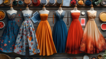 colorful fashion dresses sketches.の素材