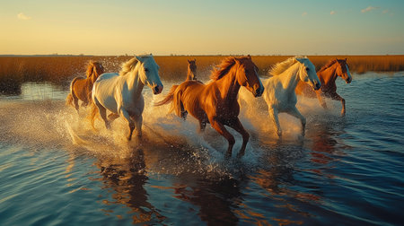 Silhouette of horses on lake shore in the sunset.の素材