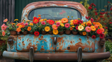 rusty car with colorful blooming flowers in trunk.の素材