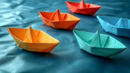 colorful origami ships on blue background.の素材