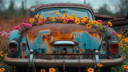 rusty car with colorful blooming flowers in trunk.の素材