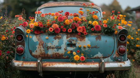 rusty car with colorful blooming flowers in trunk.の素材