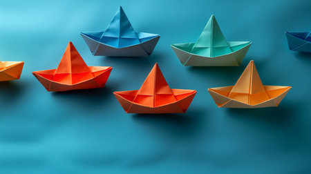 colorful origami ships on blue background.の素材