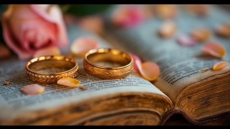 closeup of golden wedding rings placed on top an open book with pink rose petals on blurred background.の素材