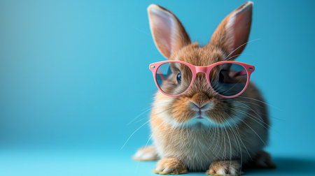 cute fluffy domestic rabbit wearing pink stylish sunglasses.の素材