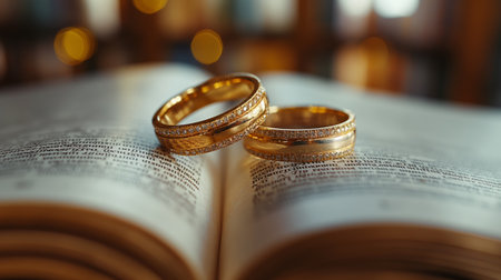 closeup of golden wedding rings placed on top an open book with pink rose petals on blurred background.の素材