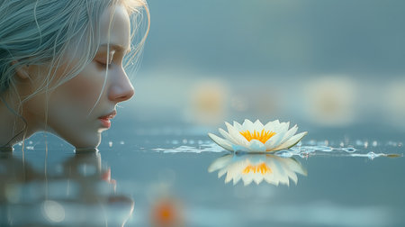 girl with lily on the lake.の素材