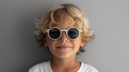 portrait of a blond boy in sunglasses.の素材
