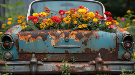 rusty car with colorful blooming flowers in trunk.の素材