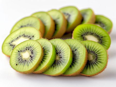 Kiwi fruit slices isolated on white background. Close up.の素材