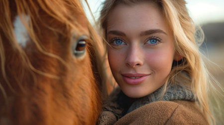 Young woman hugging horse on ranch.の素材