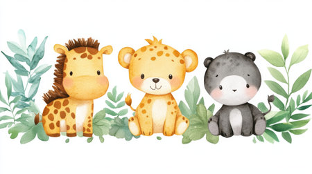 Watercolor cute animals, giraffe, leopard, tiger, bear, teddy bear and leaves.の素材