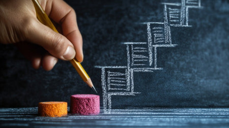 Hand drawing a chart on blackboard with chalk. Business concept.の素材