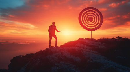 Silhouette of businessman standing on top of the mountain and looking at targetの素材