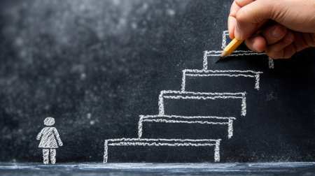 Woman's hand drawing stairs to success with chalk on blackboard.の素材