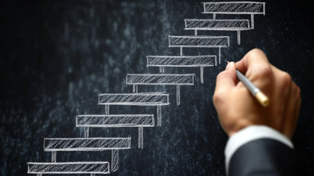 Businessman drawing stairs to success on blackboard. Success and growth conceptの素材