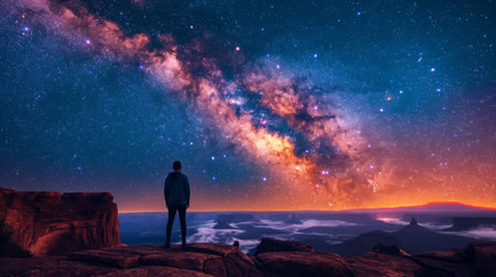 person looking in starry sky with Milky Way.の素材