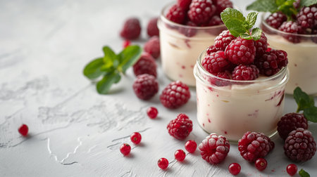 homemade yogurt with berries served on glass jars on white rustic table.の素材