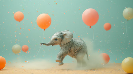 happy baby elephant with balloons.の素材