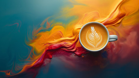 cup of coffee on the colorful background.の素材