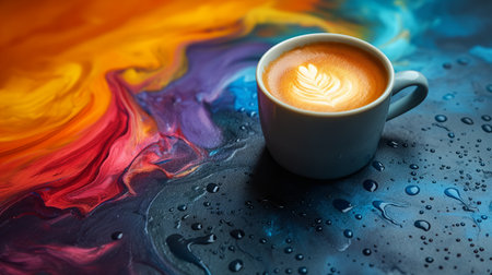 cup of coffee on the colorful background.の素材