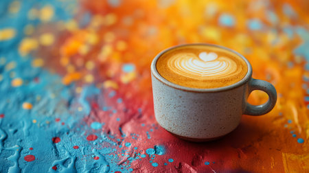 cup of coffee on the colorful background.の素材