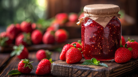 Glass jar with strawberry jam.の素材