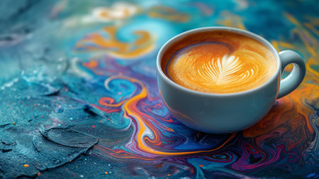 cup of coffee on the colorful background.の素材