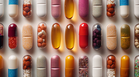 colorful medical capsules and tablets on a white background.の素材