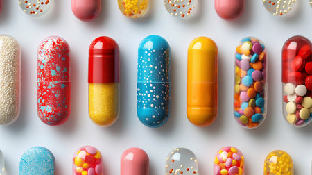 colorful medical capsules and tablets on a white background.の素材