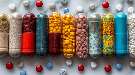 colorful medical capsules and tablets on a white background.の素材